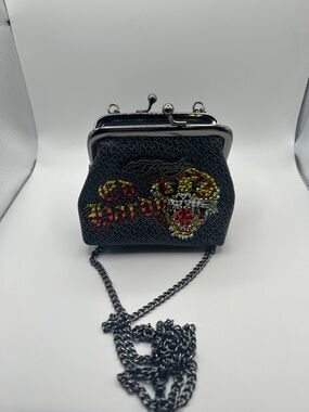 Ed Hardy Black Graphic Kiss-Lock Wristlet with Chain